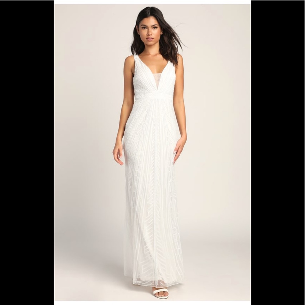 🤍 Lulus Eternal Emotion White Sleeveless Beaded Sequin Maxi Dress 🤍